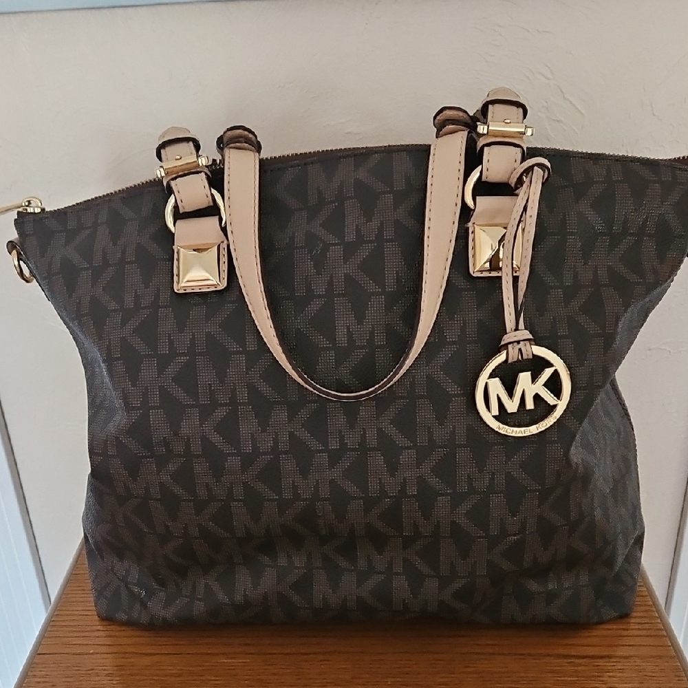 Authehtic Michael Kors Brown Signature Tote with Leather Trim